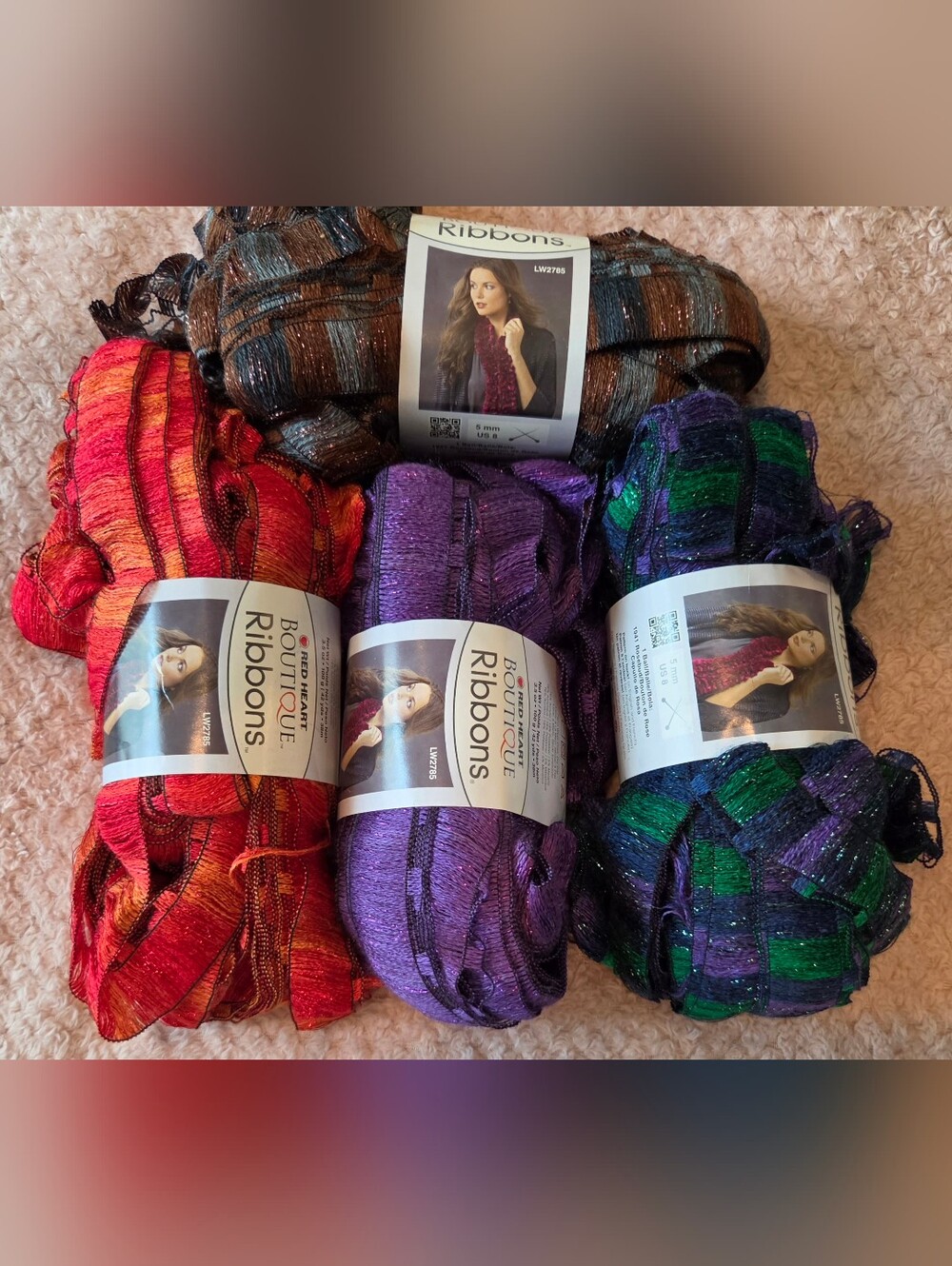 RED HEART Boutique Ribbon Yarn Bundle - Multicolor (Purple, Red, Brown, Green)